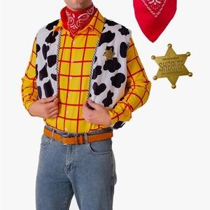 Woody’s Cow Print Vest w/Yellow Plaid Shirt & sheriff badge (missing bandana)